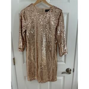 Lulus Rose Gold Sequin Sparkly Holiday Party Mini Dress 3/4 Sleeve Size Small